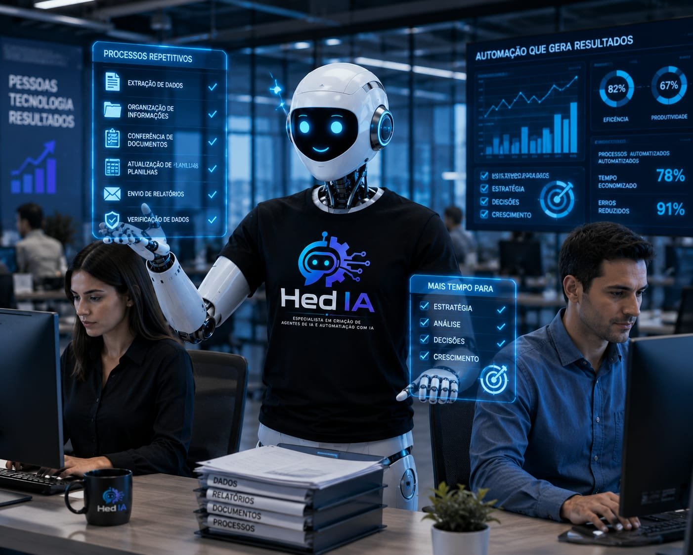Robô HedIA auxiliando profissionais em ambiente corporativo