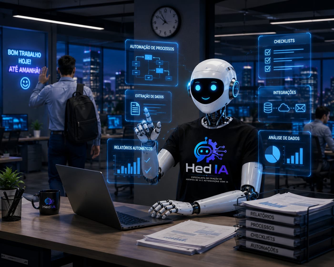 Robô HedIA trabalhando enquanto profissional encerra o expediente